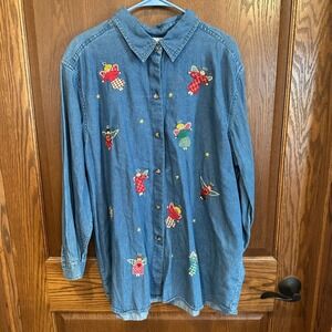Victoria Jones Woman Denim Shirt Angels Embroidery Long Sleeve Button‎ Up 22W